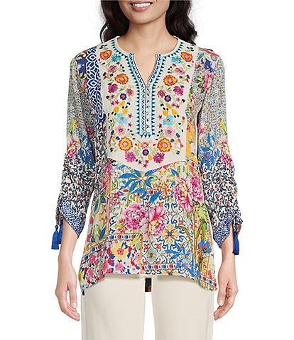 John Mark Embroidered Floral Print Split V-Neck 3/4 Cinched Tie Sleeve Woven Tunic