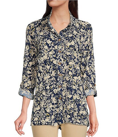 John Mark Embroidered Ditsy Floral Print Point Collar 3/4 Roll-Tab Sleeve Button Front Top