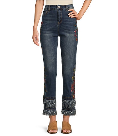 John Mark Embroidered Double Tiered Fringe Hem Ankle Jeans