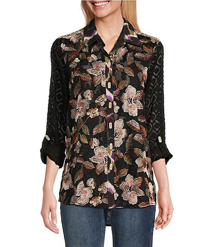 John Mark Embroidered Floral Jacquard Point Collar Roll-Tab Sleeve Button Front Tunic