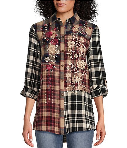 John Mark Embroidered Floral Multi Plaid Point Collar Roll-Tab Sleeve Button Front Woven Tunic