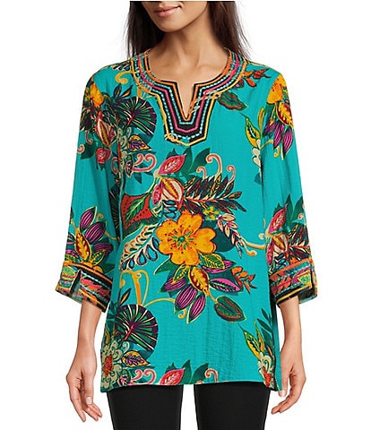 John Mark Embroidered Floral Print Split Neck 3/4 Cuffed Sleeve Woven Tunic