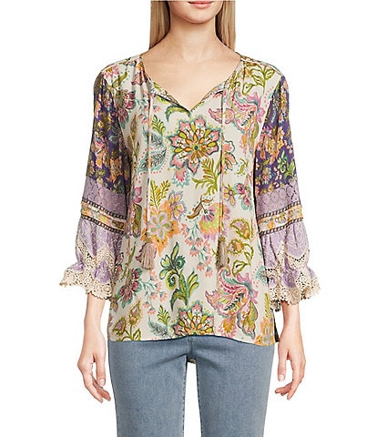 John Mark Embroidered Floral Split Tassel Tie Neck 3/4 Ruffle Sleeve Peasant Top