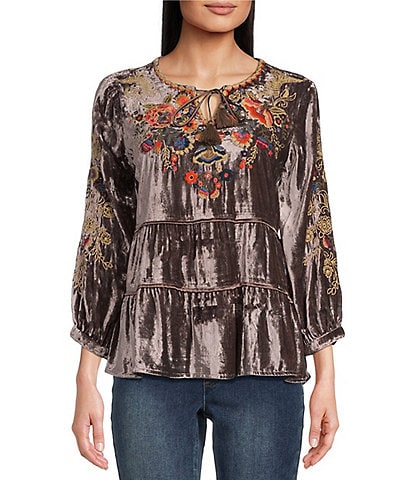 John Mark Embroidered Floral Velvet Split V-Neck 3/4 Cuffed Sleeve Tiered Peasant Tunic