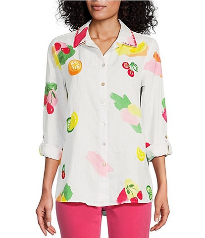 John Mark Embroidered Fruit Print Linen Point Collar 3/4 Roll-Tab Sleeve High-Low Hem Button-Front Tunic