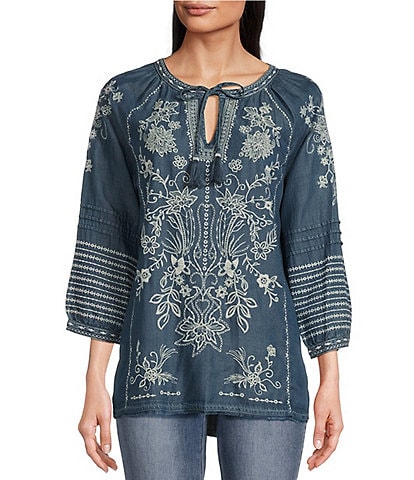 John Mark Embroidered Geometric Floral Split V-Neck 3/4 Sleeve Pintuck Tie Front Peasant Tunic