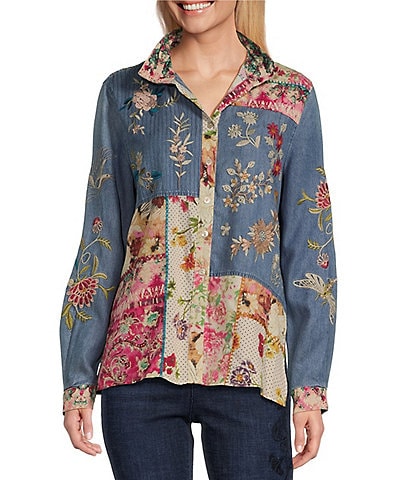 John Mark Embroidered Mixed Media Collar 3/4 Sleeve Button Down Top