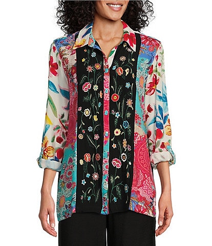 John Mark Embroidered Multi-Print Point Collar Button Front Long Roll Tab Sleeves Top