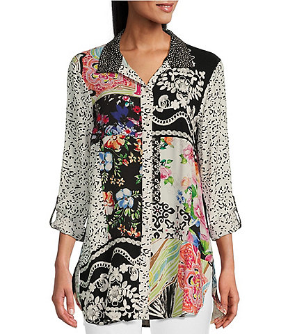 John Mark Embroidered Multiple Print Point Collar 3/4 Roll-Tab Sleeve Button-Front Tunic