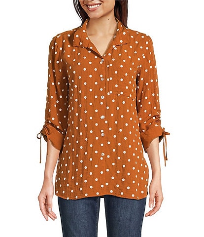 John Mark Embroidered Polka Dot Cinch Tie Sleeve Button Front Tunic