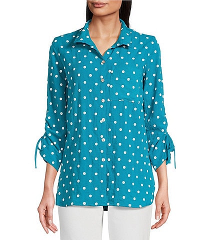 John Mark Embroidered Polka Dot Cinch Tie Sleeve Button Front Tunic