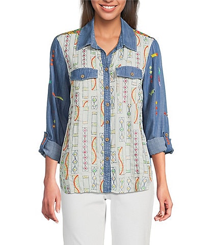John Mark Embroidered Printed Point Collar Long Roll-Tab Sleeve Button-Front Top
