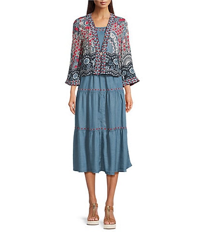 John Mark Embroidered Printed Tiered Kimono Dress Set