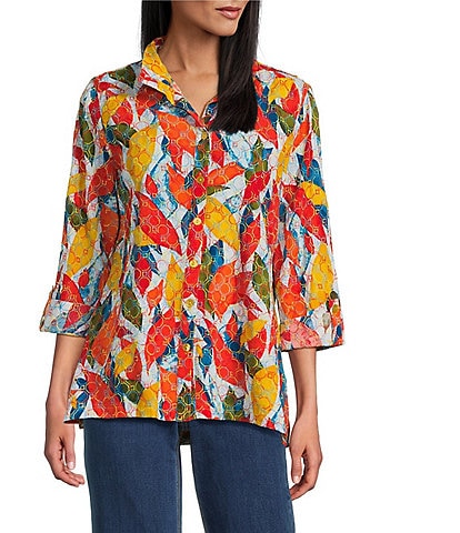 John Mark Embroidered Printed Wire Collar 3/4 Roll-Tab Sleeve Hi-Low Hem Button Front Tunic