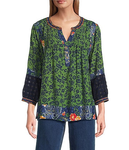 John Mark Embroidered Printed Y-Neck 3/4 Sleeve Pintuck Peasant Tunic