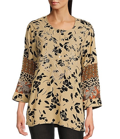 John Mark Embroidered Round Neck 3/4 Sleeve Button Up Tunic Top