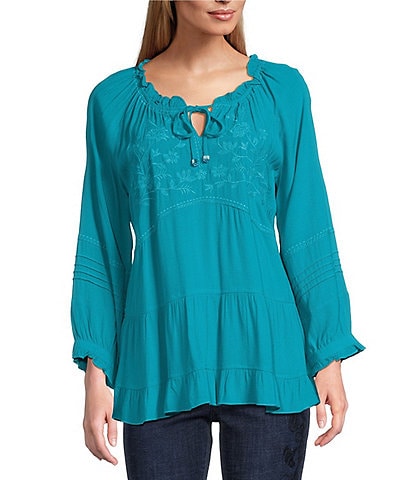 John Mark Embroidered Round Neck 3/4 Sleeve Tiered Top