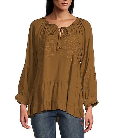 John Mark Embroidered Round Neck 3/4 Sleeve Tiered Top