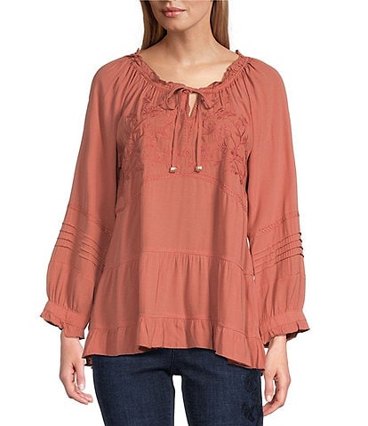 John Mark Embroidered Round Neck 3/4 Sleeve Tiered Top