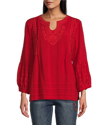 John Mark Embroidered Split Round Neck 3/4 Sleeve Tunic Top