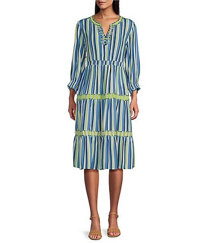 John Mark Embroidered Stripe V-Neck Long Ruffle Sleeve Tiered Popover Midi Dress