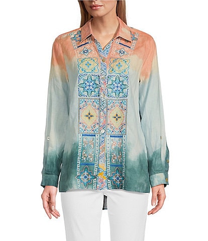 John Mark Embroidered Tie Dye Point Collar 3/4 Roll-Tab Sleeve High-Low Hem Button-Front Tunic
