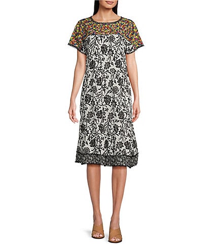 John Mark Embroidered Tiered Crew Neck Short Sleeve Midi Dress With Pockets
