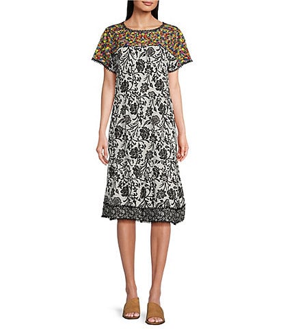 John Mark Embroidered Tiered Crew Neck Short Sleeve Midi Dress With Pockets