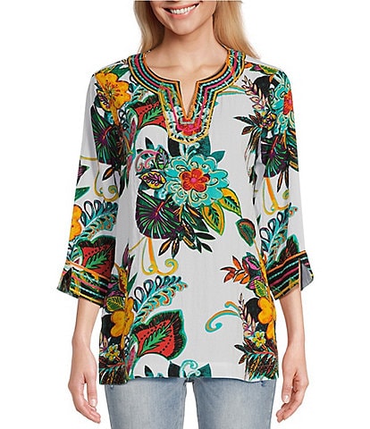John Mark Embroidered Tropical Floral Print Round Split Neck 3/4 Sleeve Tunic