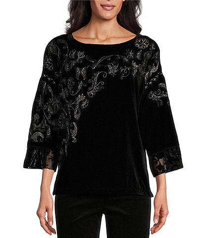 John Mark Embroidered Velvet Bell 3/4 Sleeve Top