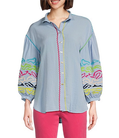 John Mark Embroidered Wire Collar 3/4 Sleeve Button Front Blouse