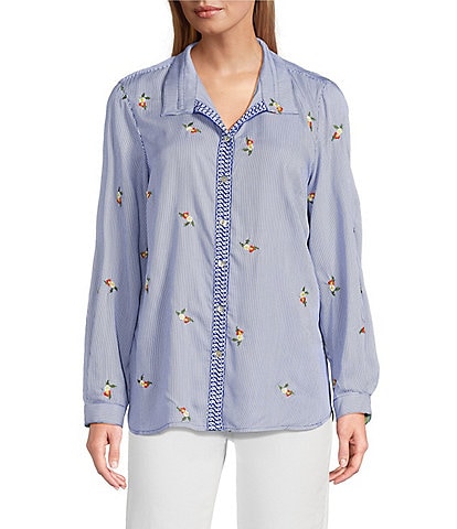 John Mark Embroidered Yarn-Dye Stripe Wire Collar Long Roll-Tab Sleeve Button Front Shirt