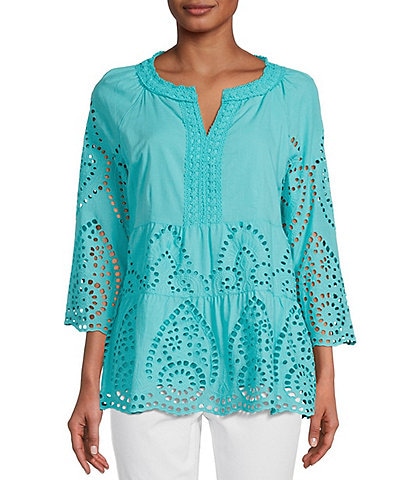 John Mark Eyelet Embroidered Scroll Y-Neck 3/4 Sleeve Tiered Scallop Hem Tunic
