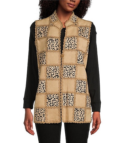 John Mark Faux Suede Crochet Peter Pan Collar Sleeveless Cheetah Print Button Front Vest