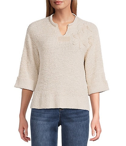 John Mark Floral Applique Split V-Neck Elbow Length Sleeve Knit Sweater