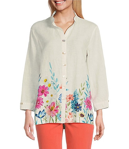 John Mark Floral Border Print Linen Wire Collar 3/4 Sleeves Button-Front Tunic