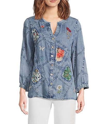 John Mark Floral Butterfly Embroidered Patch Print Y-Neck 3/4 Sleeves High-Low Hem Button Front Tunic