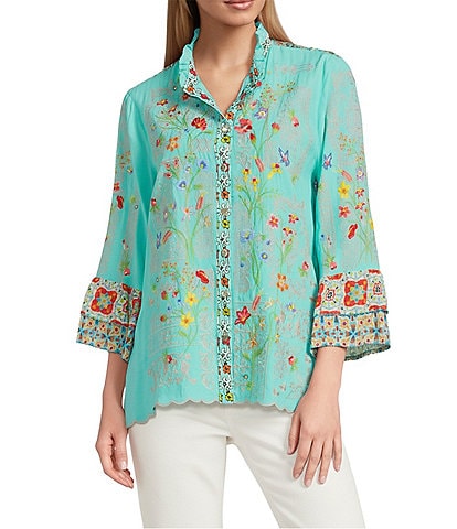 John Mark Floral Embroidered Round Neck 3/4 Ruffle Tiered Sleeve Button Front Blouse