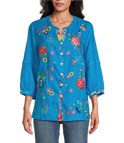 John Mark Floral Embroidered Round Neck 3/4 Sleeve Button-Front Tunic
