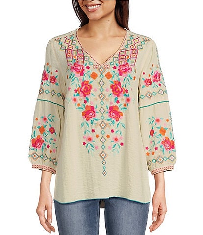 John Mark Floral Embroidered V-Neck 3/4 Cuffed Sleeve Woven Peasant Top