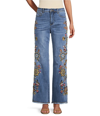 John Mark Floral Embroidered Wide Leg 5-Pocket Style Jeans