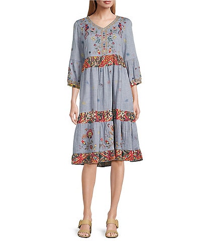 John Mark Floral Embroidered Woven V-Neck 3/4 Sleeves Tiered Hem A-Line Midi Dress