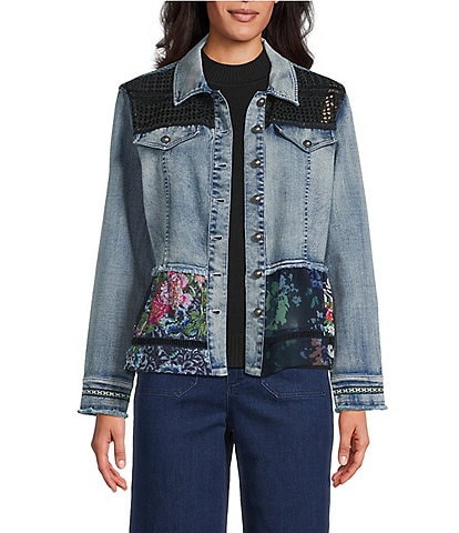 John Mark Floral Lace Denim Point Collar 3/4 Sleeve Button Front Peplum Jacket