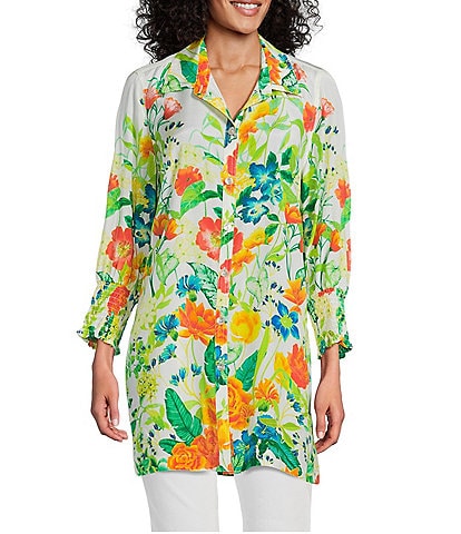 John Mark Floral Point Collar 3/4 Sleeve Button Front Tunic