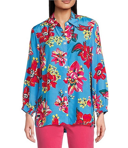 John Mark Floral Print Point Collar 3/4 Sleeve Button Front Top