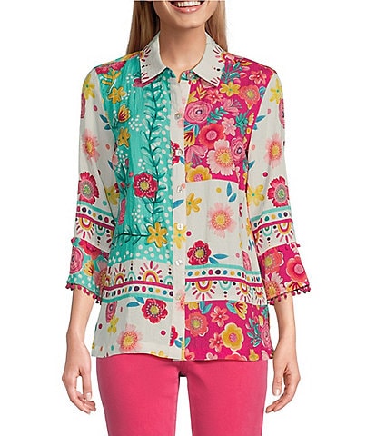 John Mark Floral Print Point Collar 3/4 Sleeve Button Front Tunic
