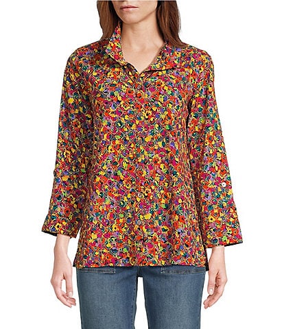John Mark Floral Print Point Collar Neck 3/4 Sleeve Button Front Top