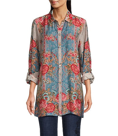 John Mark Floral Printed Collared Long Sleeve Button Down Top