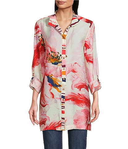 John Mark Floral Wire Collar Long Roll-Tab Sleeve Hi-Low Hem Button-Front Tunic