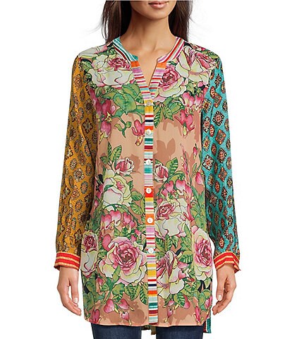 John Mark Georgette Woven Floral Multi Print Point Collar Roll-Tab Sleeve Button Front Tunic